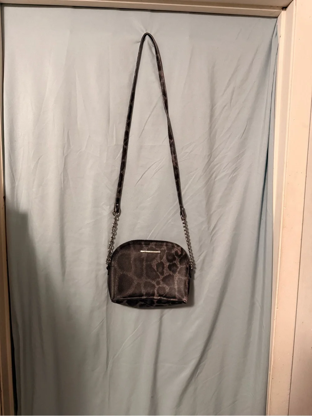 Steve Madden Metallic Leopard Print Dome Crossbody Bag Silver Chain Strap